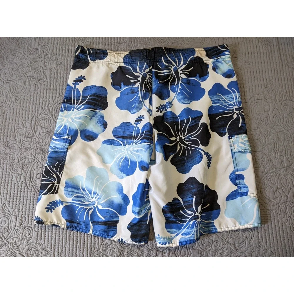 Hang Ten Swim Trunks Board Shorts Men LG Blue Floral Cargo Pockets